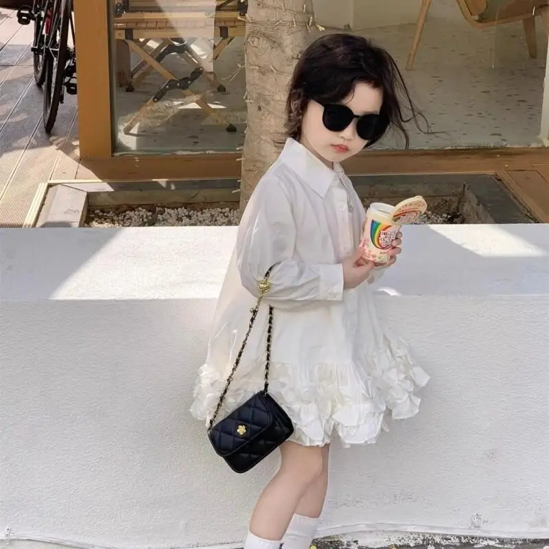 

Children's Clothing New Style Shirt Dress Cotton Blend Girls Autumn 2025 New White Long Sleeve Princess Floral Edge Collar