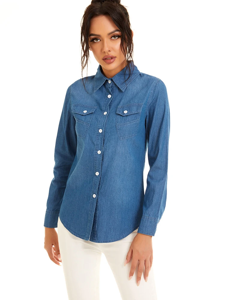 Light Blue Slim Thin Cotton Denim Shirts For Woman 2024 Spring Casual Ladies Tops Long Sleeve Jeans Blouses Clothing