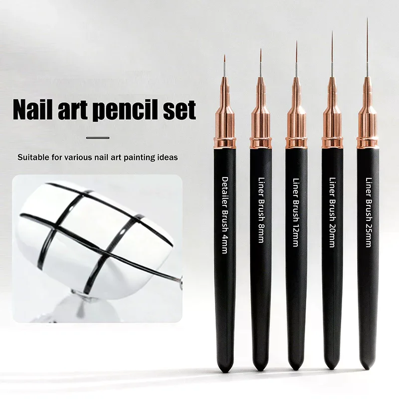 5PCS Nail Art Liner Brushes Sizes Painting Nail Design Pen 4/8/12/20/25mm Drawing Tool For Long Lines Thin Details Manicure Pen
