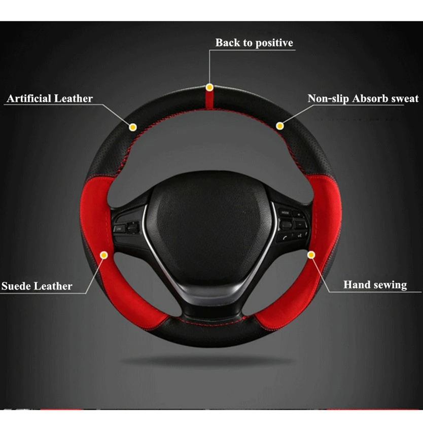 Suede Leather Car Steering Wheel Cover Soft Anti slip Steering-Wheel Braid With Needle Thread Car Interior Accessories 15 inch