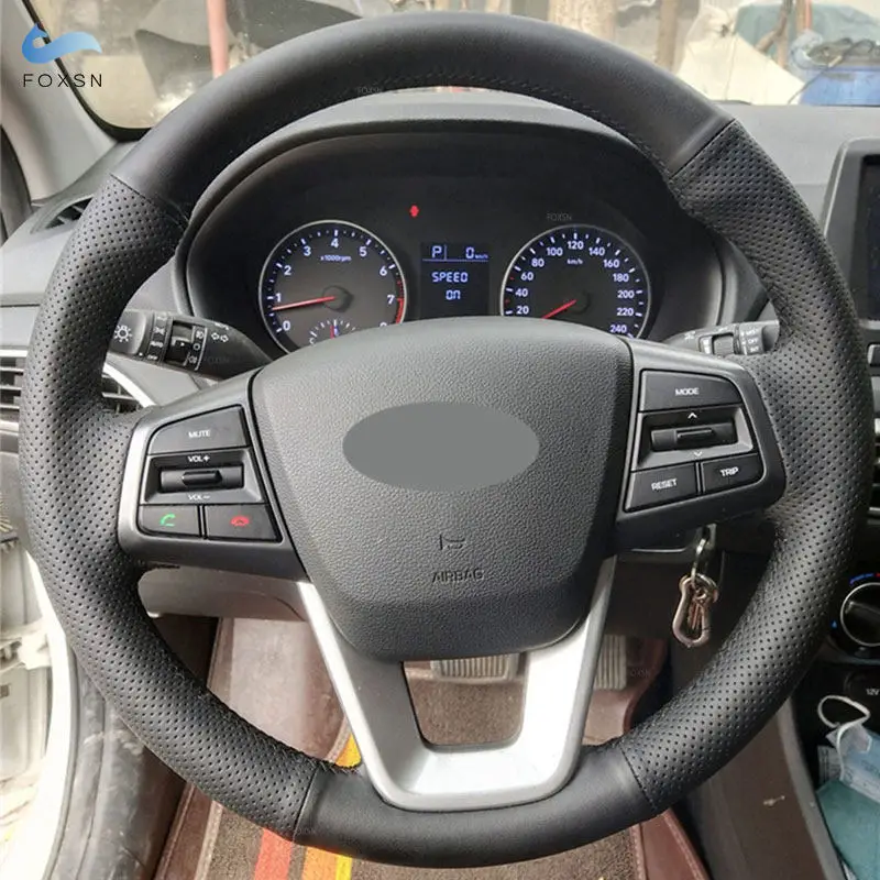 

Перфорированный кожаный чехол для Hyundai ix25 2014-2018 Creta 2016 Elantra 2017 ix35 2018, внутренняя отделка рулевого колеса автомобиля, черный