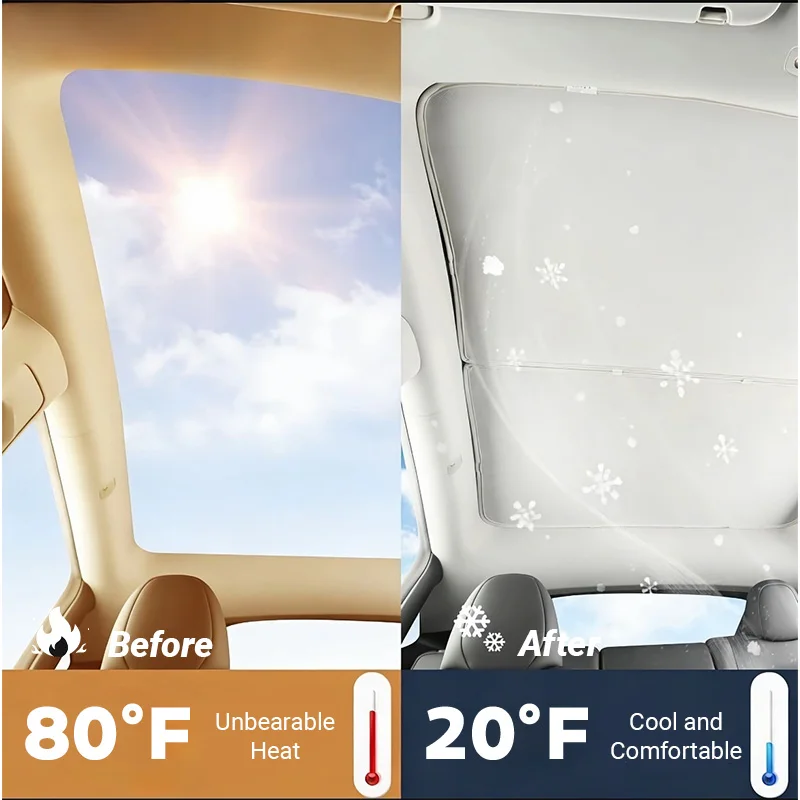 Suitable for Tesla Model Y Sunshade (Compatible with 2020-2026 Models) / Model 3 Sunshade (Compatible with 2017-2026 Models) - Foldable Roof Cover, with Insulation Layer and Storage Bag