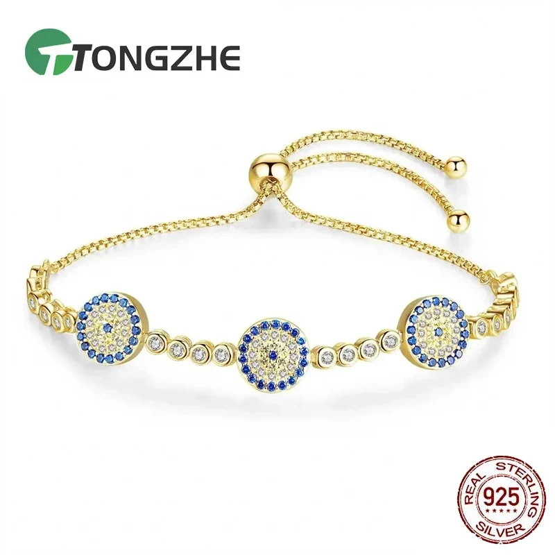 TONGZHE Women Evil Eye Lucky Hamsa 925 Sterling Silver Bracelet  Men Luxury Round Blue Eyes CZ Crystal Tennis Bracelet