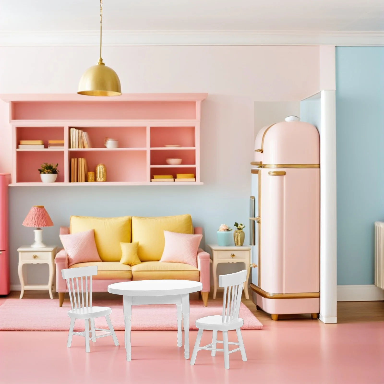 1Set Miniatur Holz Tisch und Stühle Möbel Set Weiß Wohnzimmer Miniatur Puppenhaus Zubehör Mini Stuhl