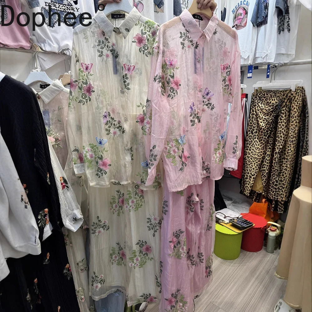 

Новинка 2023 года, летний женский солнцезащитный комплект, рубашка с длинными рукавами и пуговицами с вышивкой цветов + свободные прямые брюки с эластичной резинкой на талии