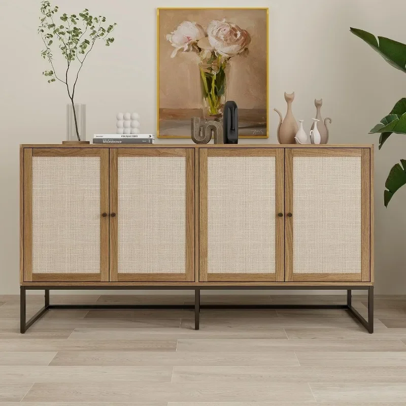 ZHENXIANG Modern Sideboard Cabinet,Accent Storage Cabinet with Rattan Door and Adjustable Shelves,Freestanding Sideboard Storage