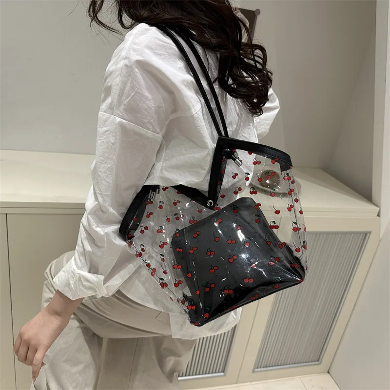 

Summer Transparent Pvc Cherry Pattern Shoulder Bag Small Bag Simple Fashion Large Capacity Magnetic Buckle Commute Shopping Bag