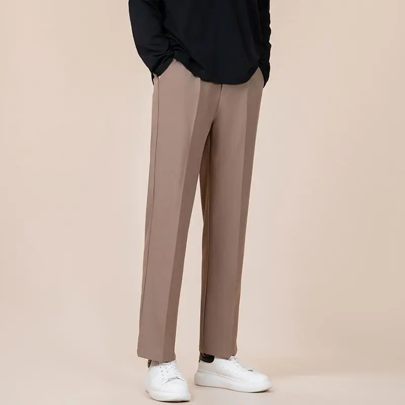 Summer Men Straight Leg Pants Elastic Waist Loose Drape Casual Trousers Youth Trendy Slimming Versatile Long Pants