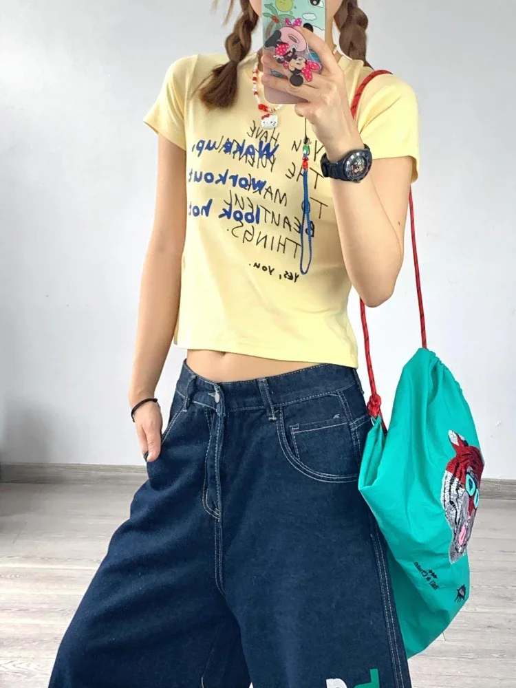 QWEEK Letter Print Jorts Women Y2K Baggy Vintage American Streetwear Wide Leg Knee Length Jeans Harajuku Summer Denim Shorts