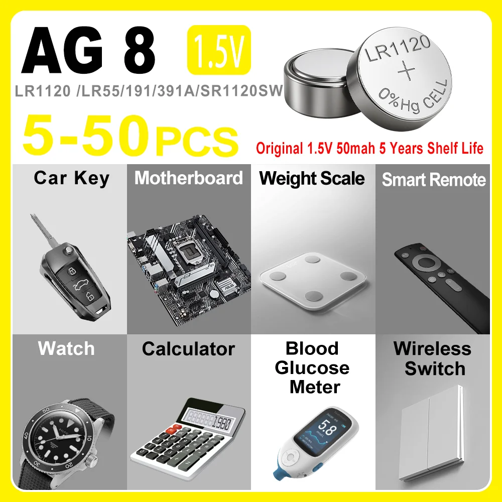 

AG8 LR1120 Alkaline Button Battery 1.55V 50mAh Coin Cell for Watch Calculators LED Light Leak-Proof Design 191 LR55 391 SR1120SW