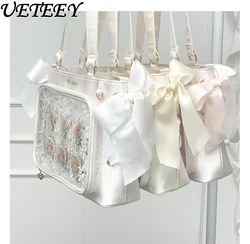 Japanese Bow Lace-up Solid Color Shopping All-Match Crossbody Bag for Women Sweet Cute Girl Satin Ribbon Lolita Handbag