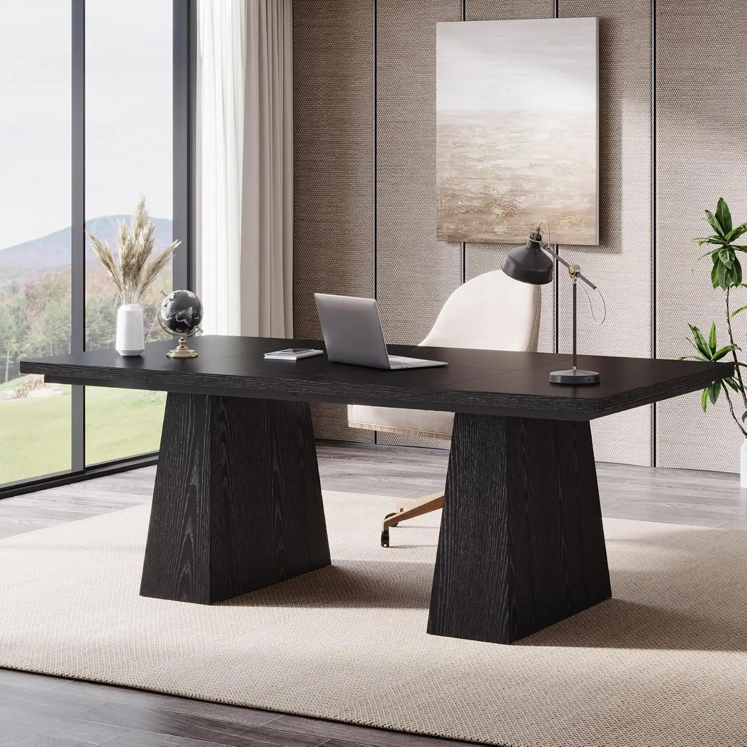 63-Inch Executive Desk, Large Office Computer Desk with Double Pedestal, Modern Writing Conference Table for Home Office, Black