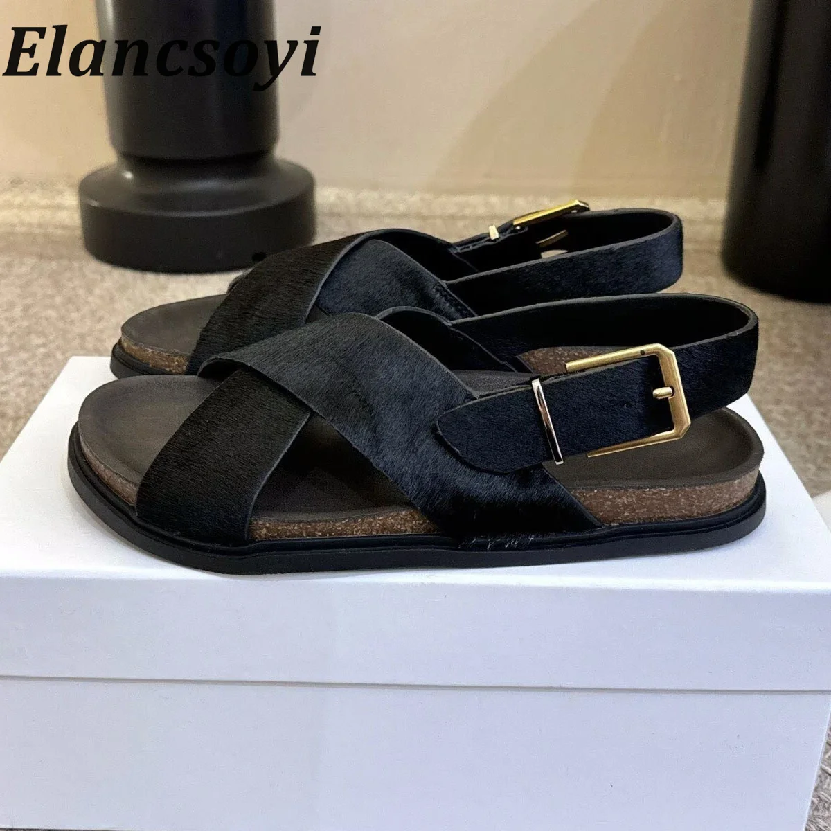 Sandals women's horsehair solid color metal buckle decoration flat shoes summer2026  casual thick soled holiday walking shoes