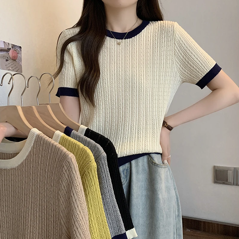 Summer Houndstooth Knit Thin Tops Oversized Pullovers Women Short Sleeve O-neck Sweaters Fashion Chic Sweet Ladies Knitwear 2023