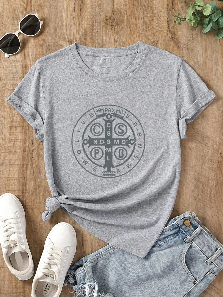 Catholic religious medal of Saint Benedict Christian T-shirt Tee Tops Printed O-neck Casual T-shirt Women\'s Clothing