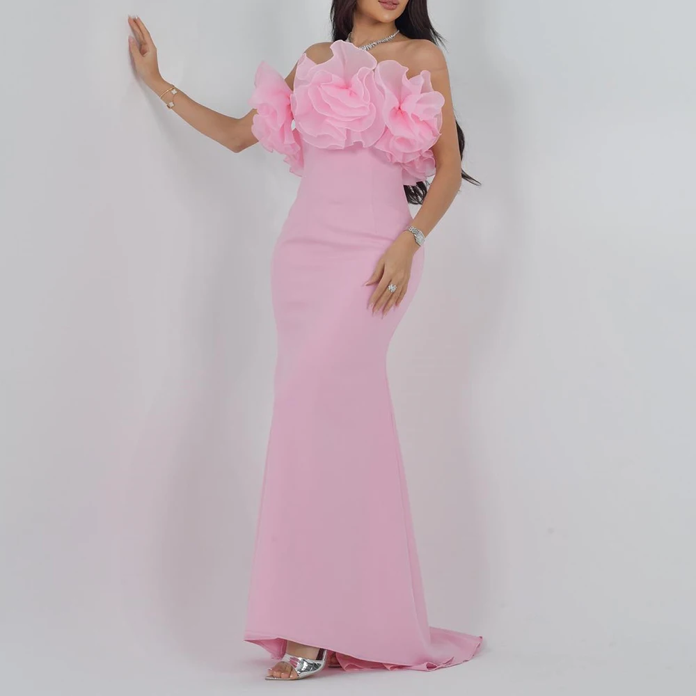 

Temperament Pleats Flowers Mermaid Strapless Evening Dresses Graceful Jersey Pink Party Gowns Custom Size Saudi Arabia 2024