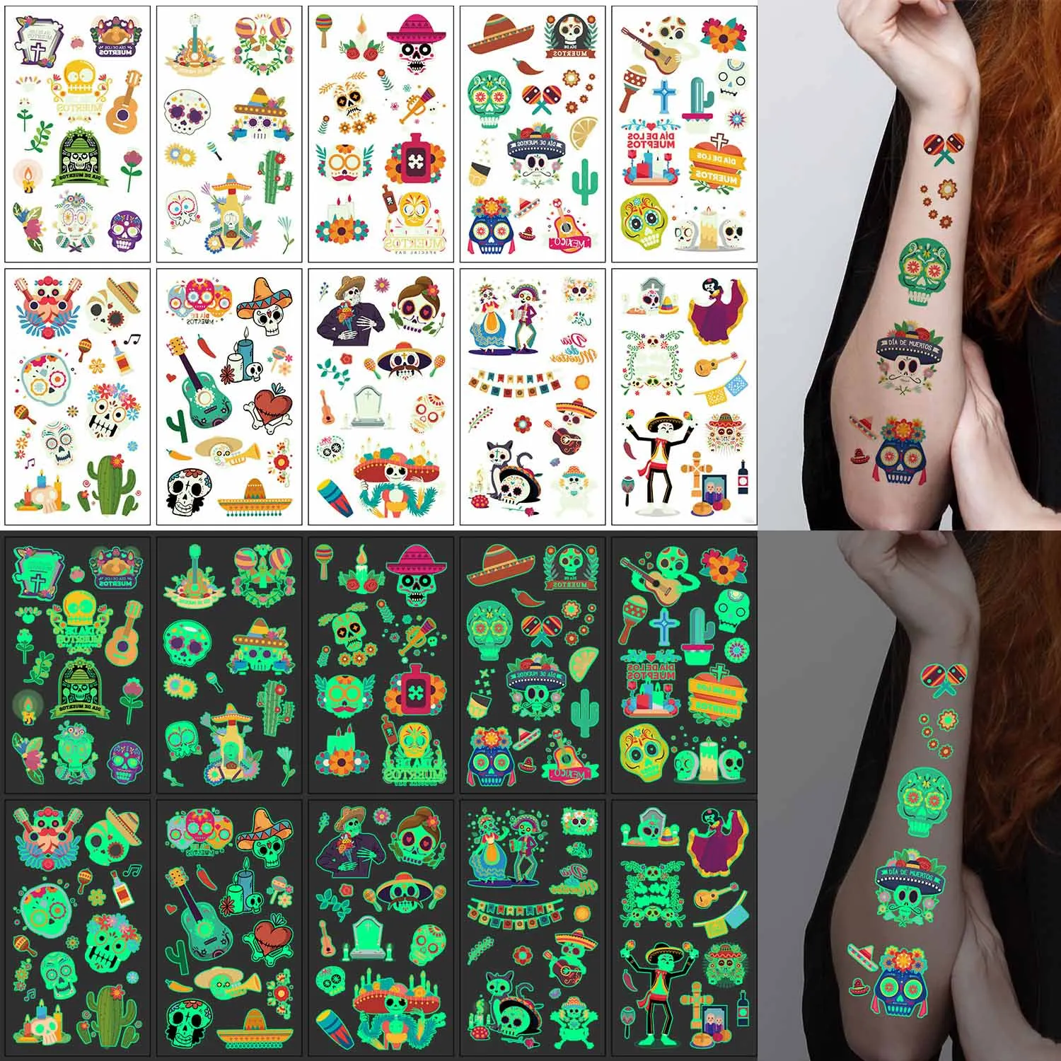 10pcs Mexican Day of the Dead Series Tattoo Stickers, Glow-in-the-Dark Temporary Tattoos, 120pcs Skeleton Cactus Guitar Patterns