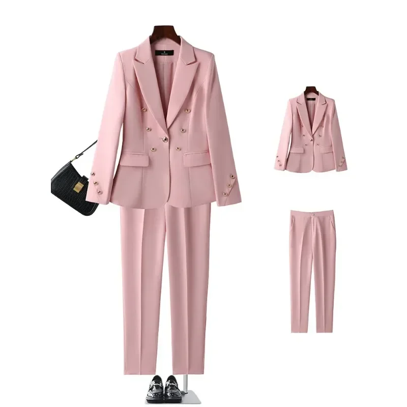 

Fashion Women White Pink Black Pant Suit Female Button Decoration Blazer and Trouser 2 Piece Set For Office Ladies Work Wear