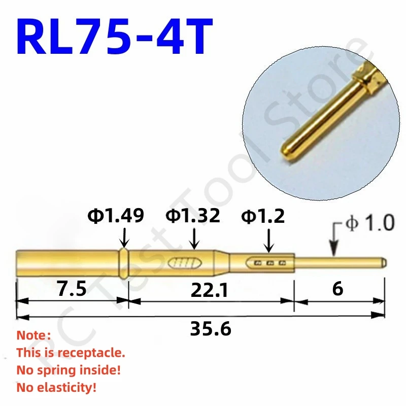 

100PCS RL75-4T Test Pin PL75-B1 Receptacle Brass Tube Needle Sleeve Seat Crimp Connect Probe Sleeve 35.6mm Outer Dia 1.32mm