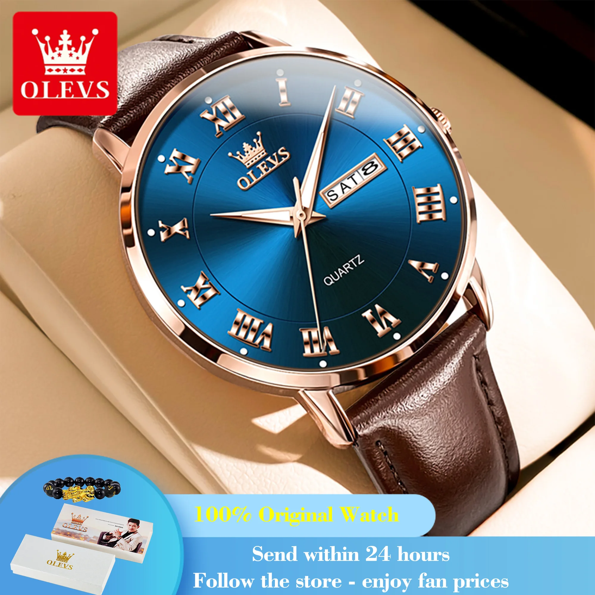 

OLEVS 2920 Quartz Watch For Men Dual Calendar Classic Original Leather Wrist Watches Waterproof Luminous Roman Scale Man Watch