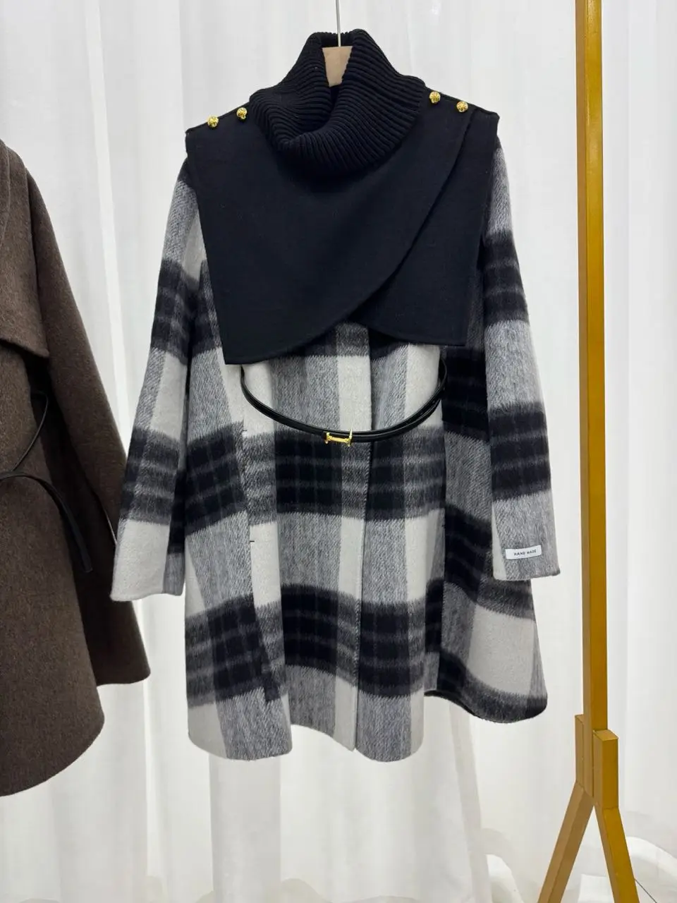 Women Winter British Style Detachable Cape Double Faced Wool Coat Plaid Slim Belted Woolen Outerwear Fashion Full Wool Overcoat