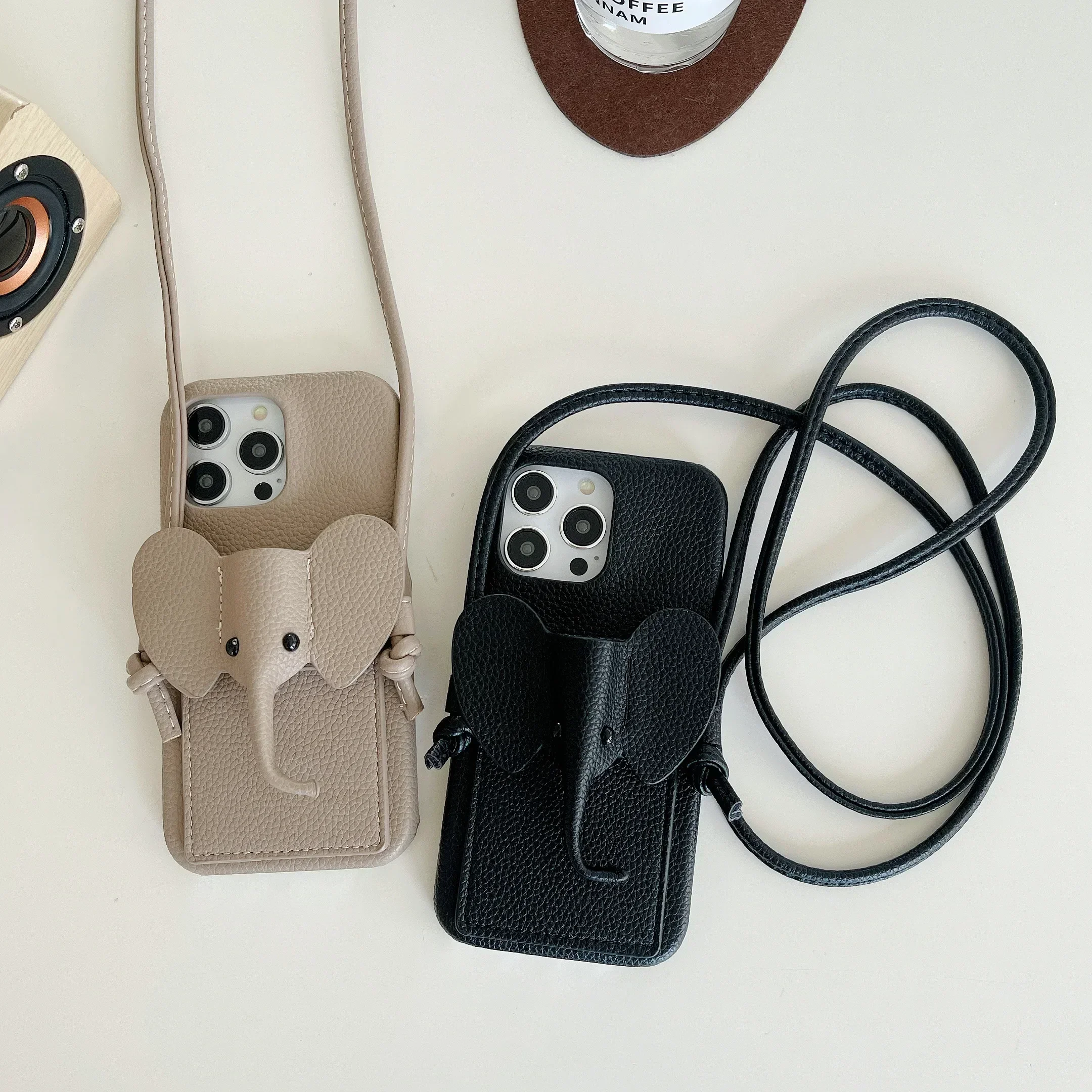 

Elephant Crossbody Hanging Rope Phone Case for IPhone 16 15 14 13 12 11 Pro Max Card Bag Litchi Pattern Can Hold Cards