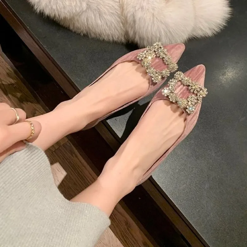 

French Style Women's Flat Shoes New Velvet Soft Leather Pointed Toe Low Cut Rhinestone Square Buckle Elegant Wedding Party Pumps