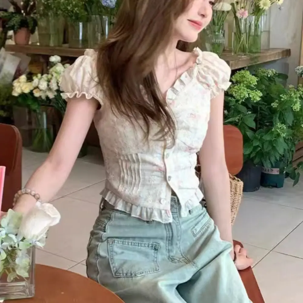 

Pleated Puff Sleeve Crop Top Off Shoulder Spicy Girl Embroidered Floral T-shirt Ruffle Slim Fit Sweet Top Women Female