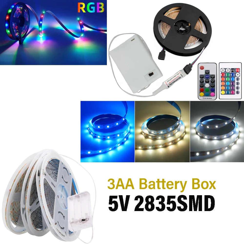 3AA Battery Box RGB LED Strip Light 5V SMD2835 With 3/17/24Key Remote Control Flexible Lamp Tape Warm/Natural/White Backlight