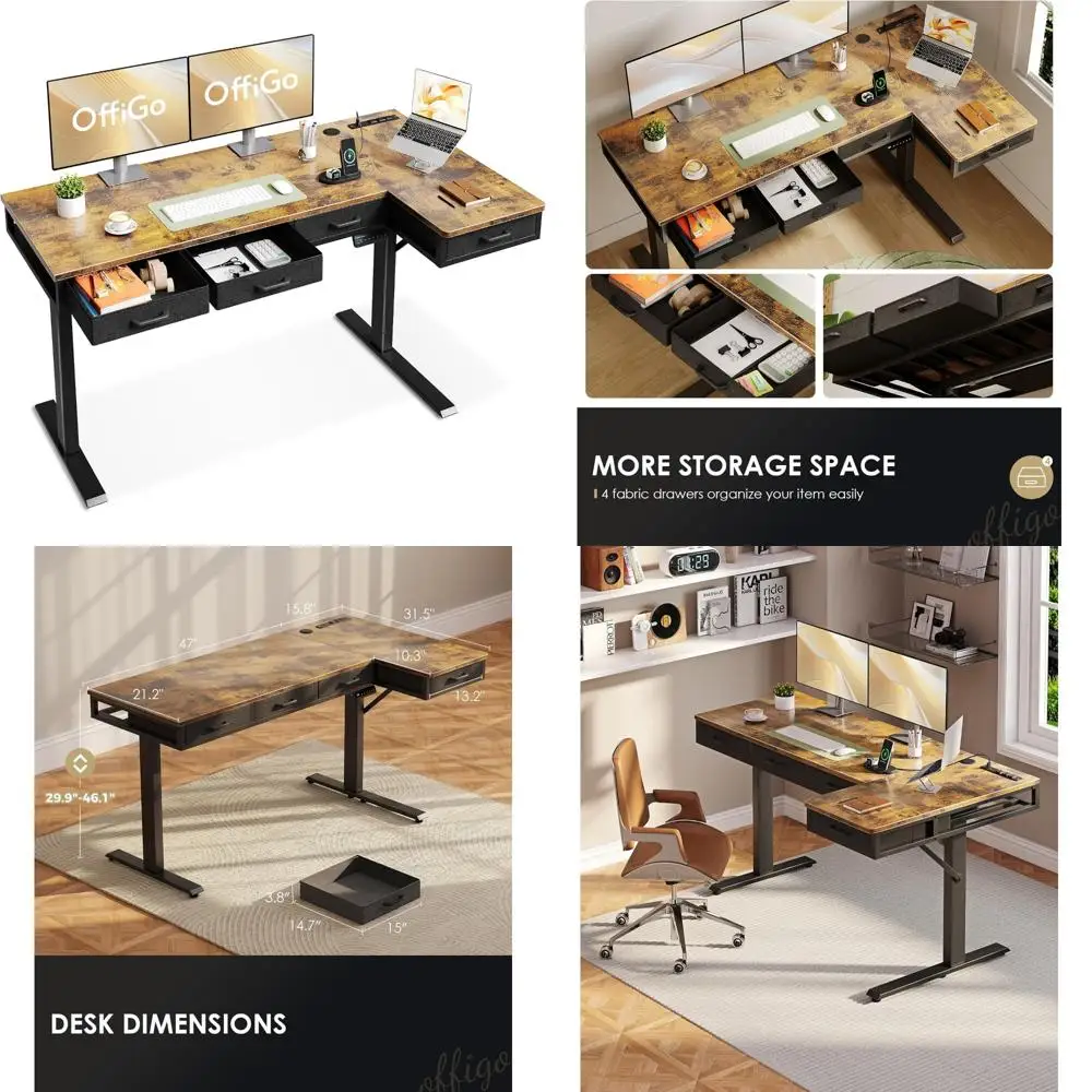 مكتب قائم كهربائي كبير بارتفاع 63 بوصة قابل للتعديل مع أدراج ومنافذ طاقة ووظيفة حامل الجلوس للاستخدام المكتبي