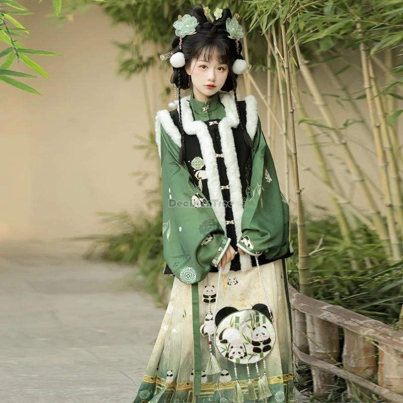 2025 จีนปรับปรุง Ming Dynasty Hanfu สแควร์ PANDA ปักเสื้อกั๊กจีบกระโปรงครึ่งฤดูหนาวหนา Hanfu ชุด b287