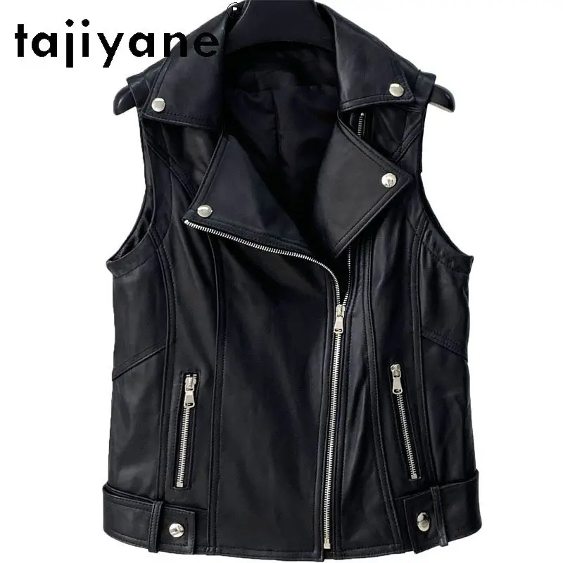 

TAJIYANE Real Sheepskin Veste Femme Leather Jacket Woman Zipper Waistcoat Motorcycle Jackets for Woman Lapel Coats Chic Chaqueta