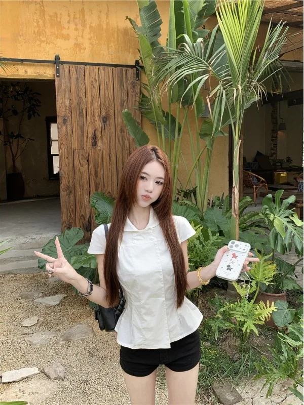 

White Button up Short Sleeve Shirt Women's Slim Fit Korean Style Spring 2026 New Fashion Waist Cinching Casual Versatile Simp...