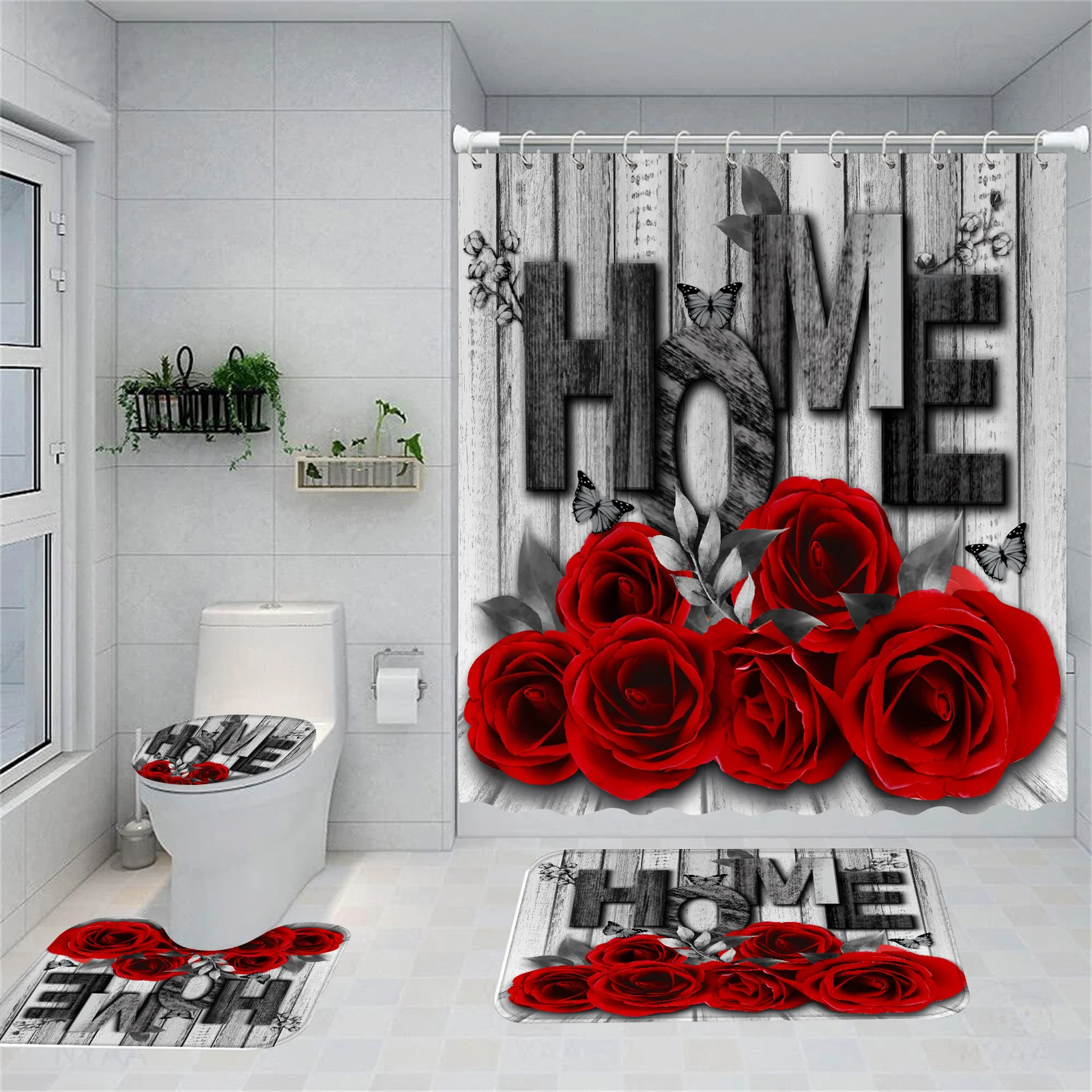 4PC shower curtain set, Red Rose shower Curtain set, non-slip shower curtain set, 12 hooks, 71 by 71 inch shower curtain