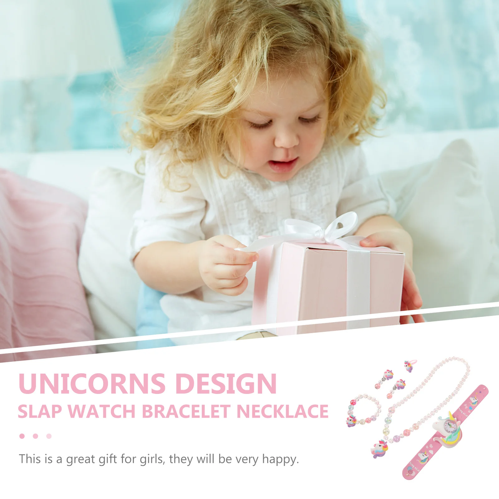 

1Set Girls Unicorn Jewelry Set Includes Silicone Slap Watch Bracelet Necklace Earrings Ring Fun Fashion Accessory Gift for Kids