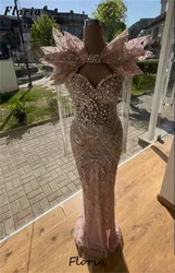 Luxury Pink Beading Party Dresses For Weddings Aro Ebi Dubai Women Prom Dress Mermaid Crystals Evening Gowns Vestidos De Fiesta