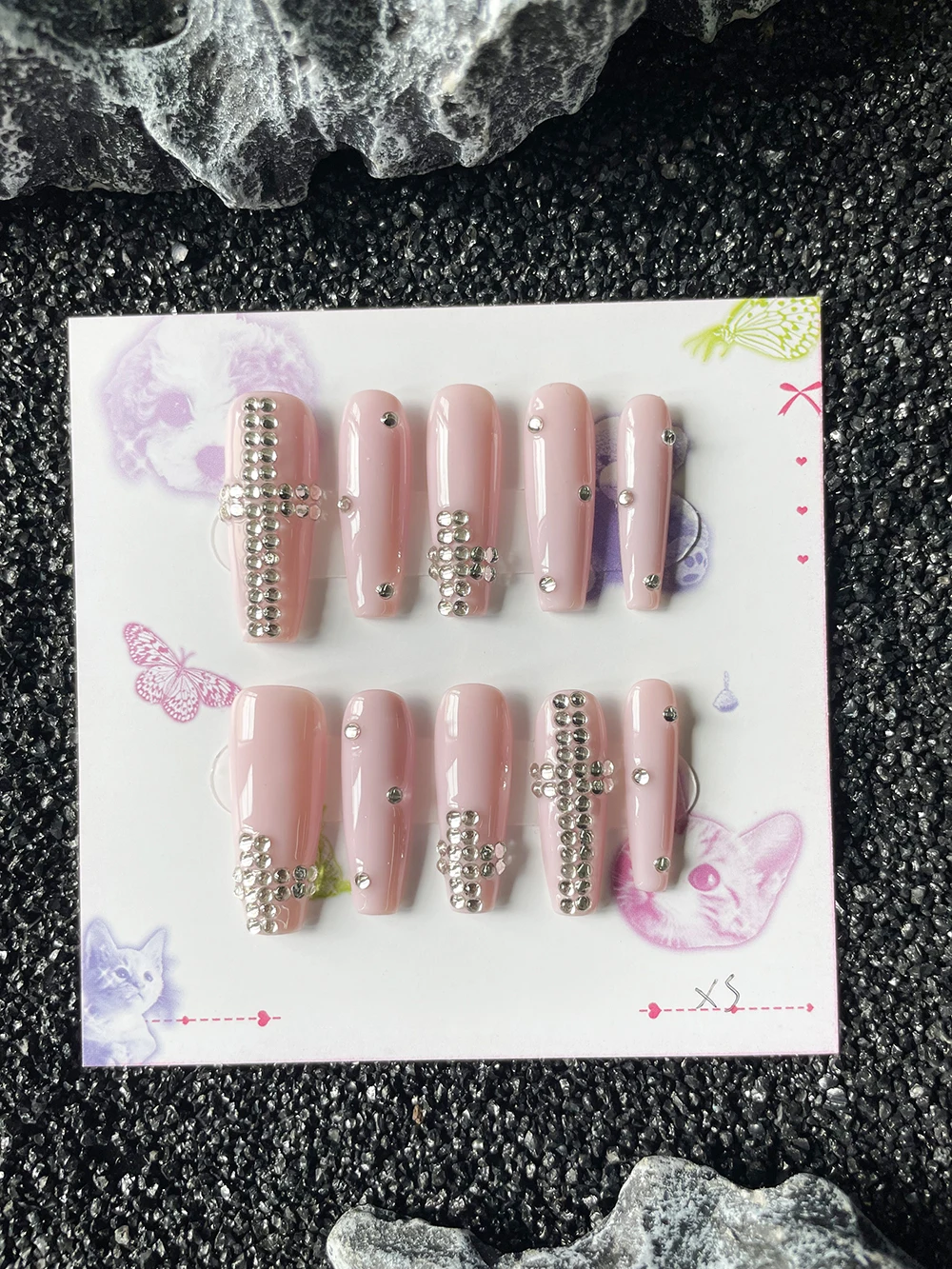 10 Stück handgemachte lange Sargform-Nägel in Pink, zum Aufkleben, mit Kreuz-Diamanten, schlicht, tragbar, künstliche Nägel, Geburtstagsgeschenk-Aufkleber – Detail 3