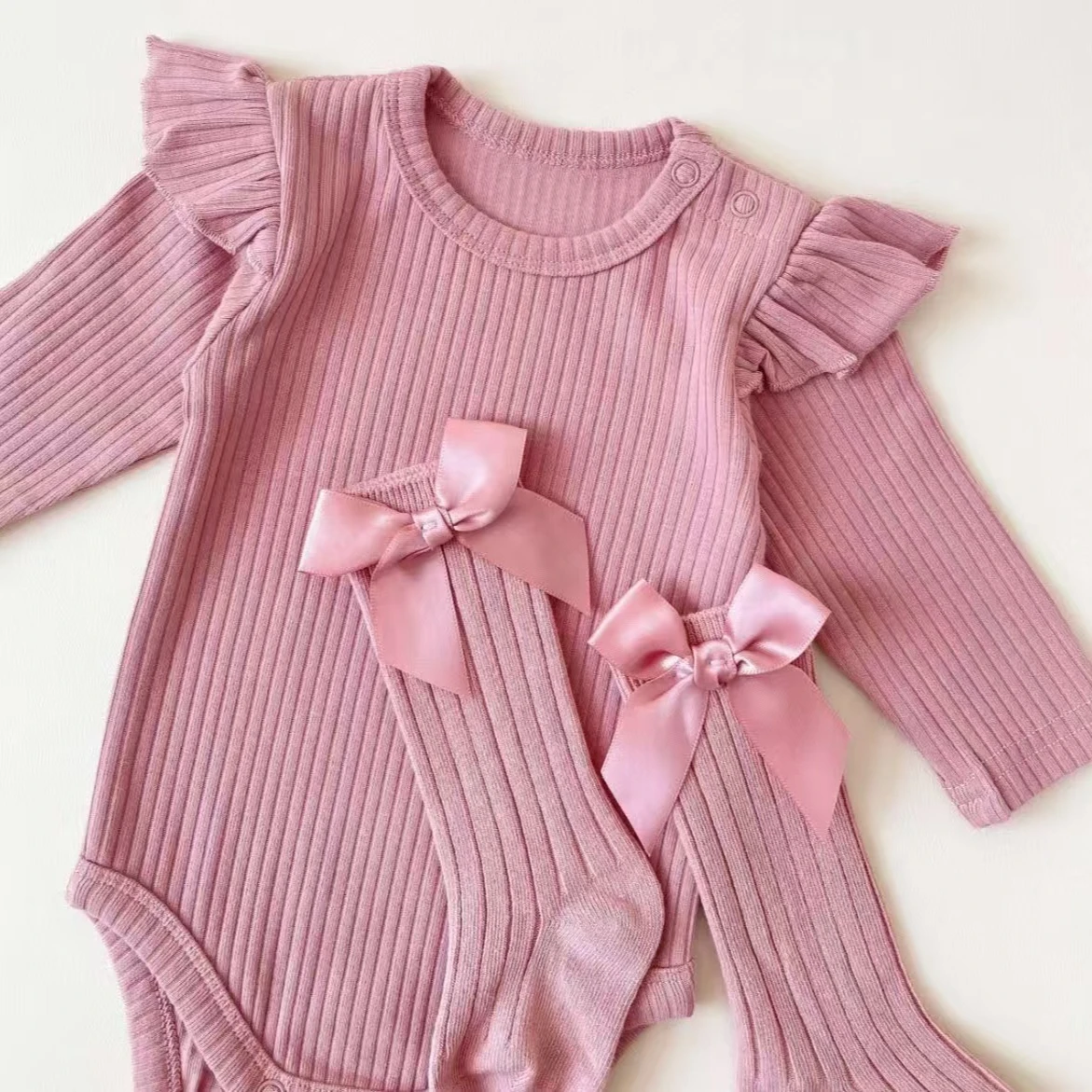 Baby Knitted Romper+Sock 2pcs Set Spring and Autumn New Long Sleeve Flower Baby Girl's One Piece Clothes Sweet Climbing Clothes