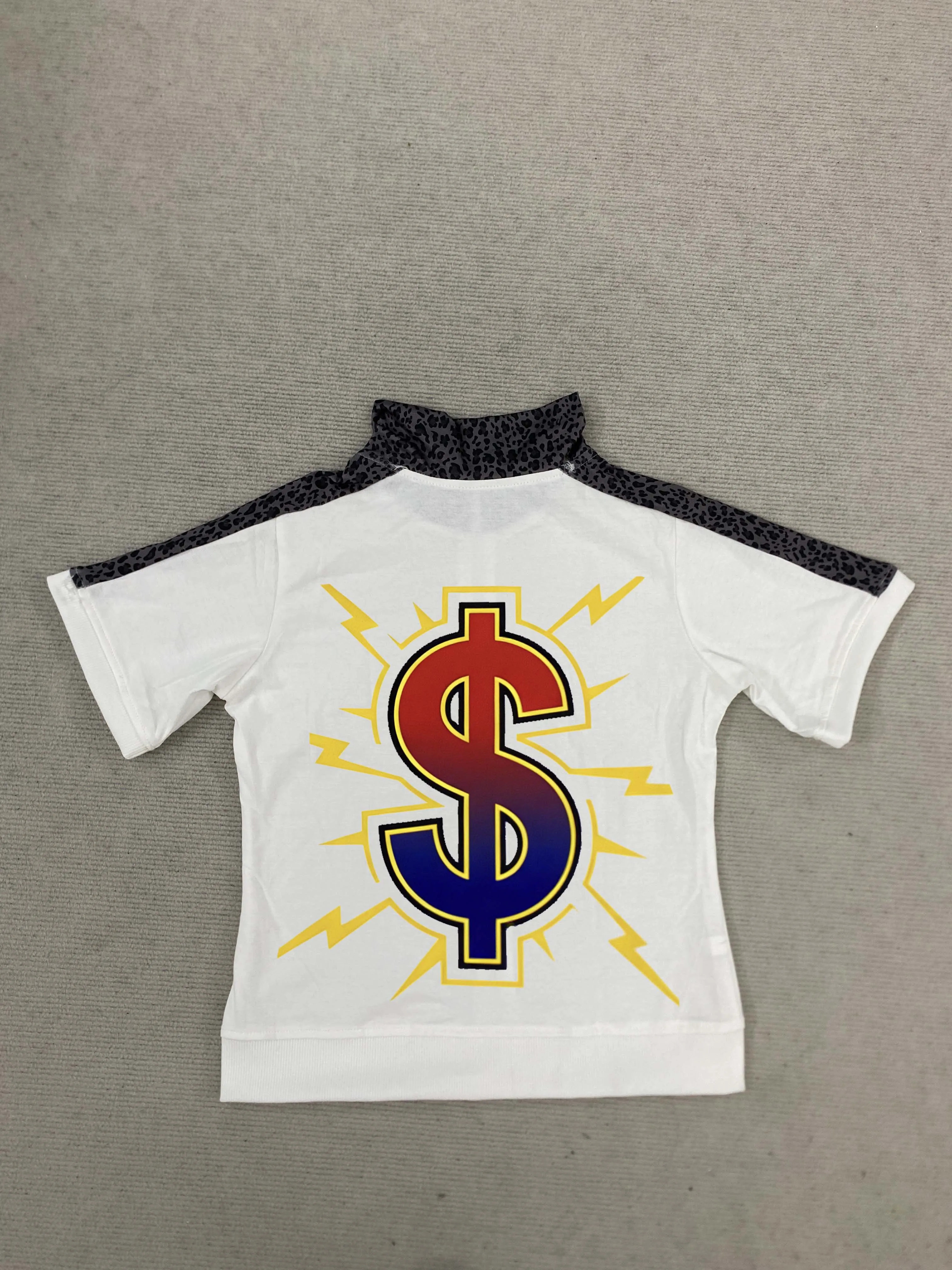 Camisola feminina branca Zip-Up Crop-Star Print Leopard Trim Manga Curta Streetwear Outono Casual American Retro Top