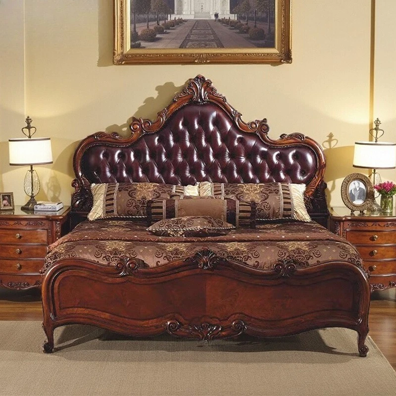 

Leather bed, European style solid wood carved high-end top layer cowhide bed, vintage bedroom, luxury upholstered