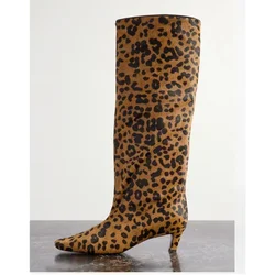 2024 Winter New Fashion Leopard Faux Fur Knee Boots for Women Pointed Toe Wide Barreled Low Heels Elegant Big Size Shoes 43 45