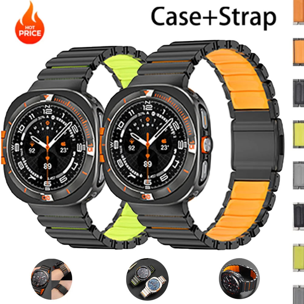 

Титановый ремешок из резины + металлический корпус для Samsung Galaxy Ultra 2025 47 мм, металлический магнитный бизнес-чехол из сплава + жесткий чехол из поликарбоната для Watch 7 Ultra 47