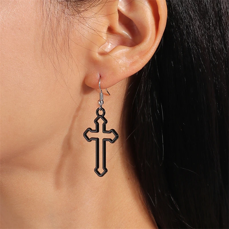 Heiße schwarze Steampunk Cross Drop Ohrringe für Frauen Gothic Persönlichkeit baumeln Haken Ohrringe Mädchen Party Urlaub Schmuck Geschenke – Detail 5