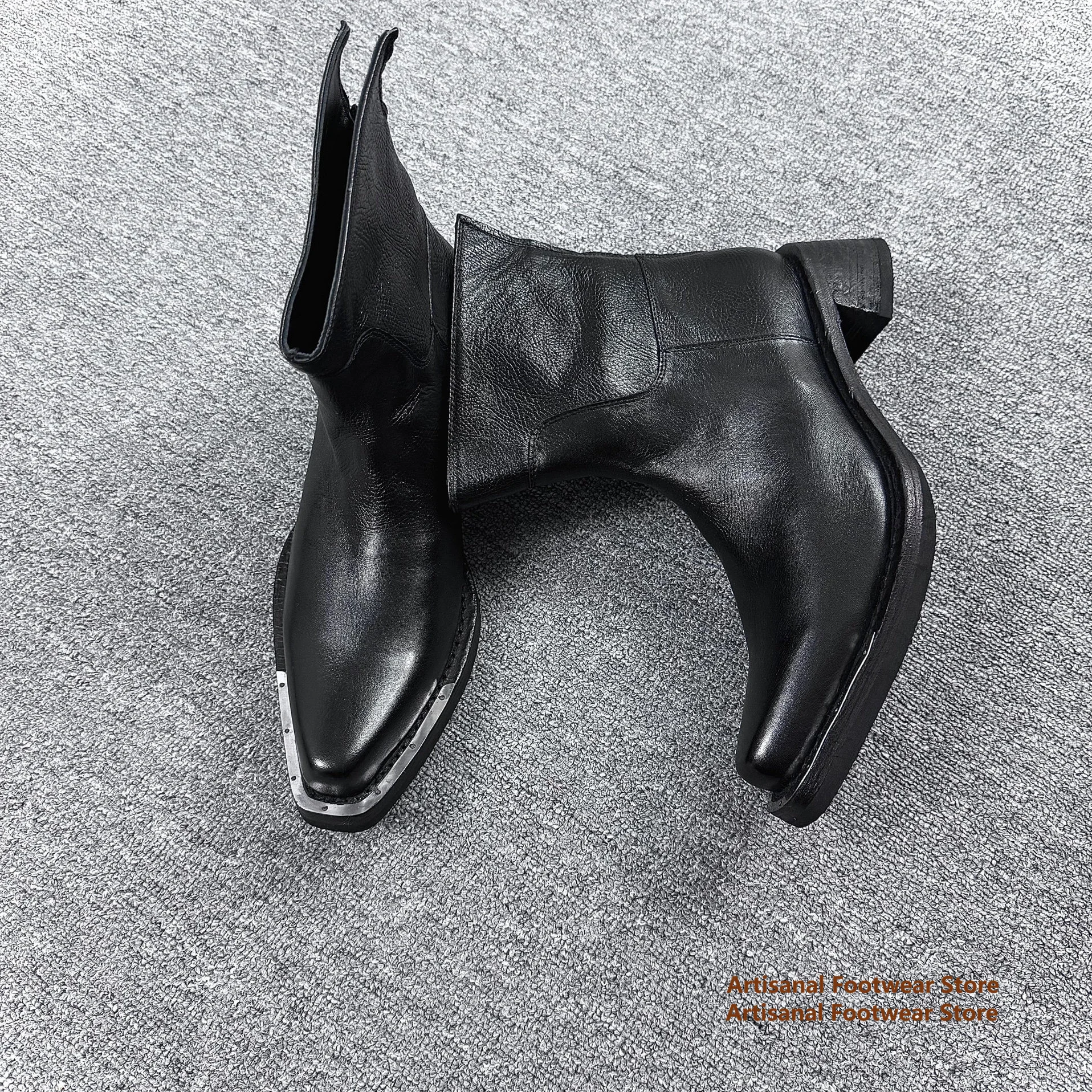 

Black Retro Pointed Toe Men's Boots Metal Punk Chelsea Boots Back Zipper Height Increasing Boots British Style Men's Shoes