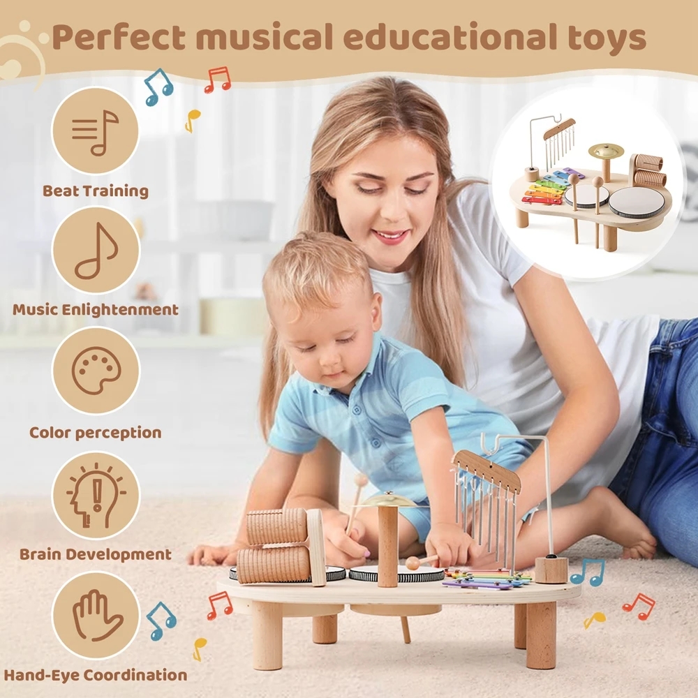 Children Musical Toys Kids Drum kit Music Table Wooden Musical Instruments Baby Aeolian Bells Rattle Montessori Educational Toys