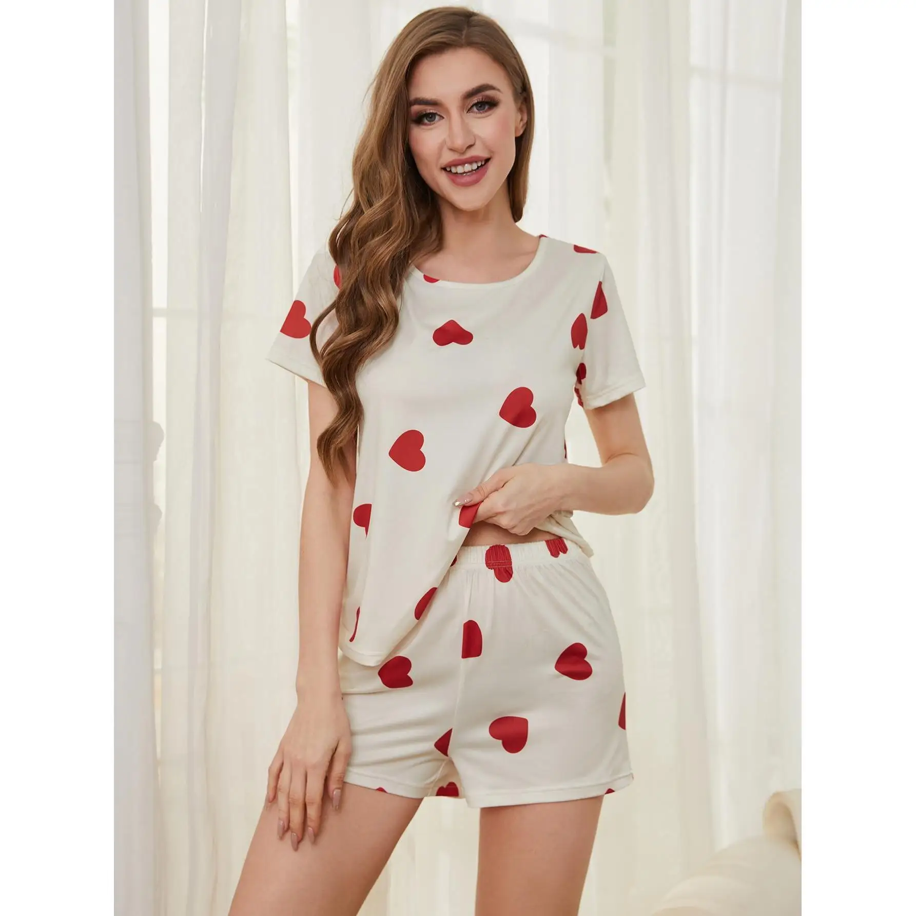 

Women's Pajamas Set Short Sleeve O Neck Tee Top & Elastic Waist Shorts 2 Pieces Female Sleepwear Solid Heart Print Nightwear