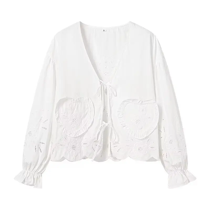2025 Spring Women Lace Embroidered Tie Shirt Long Sleeve Blouse New Arrival