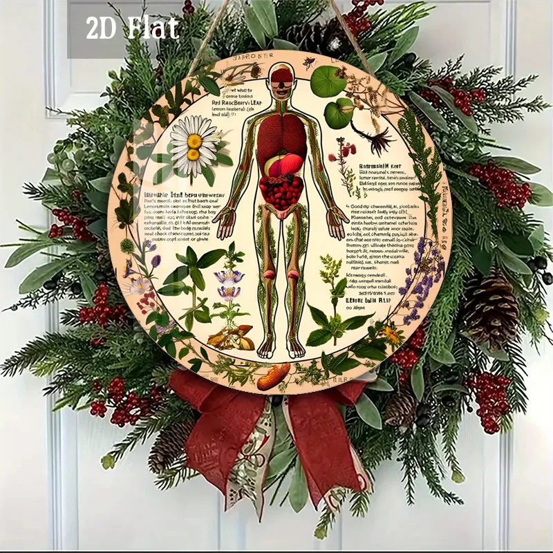 2D Flat, 1pc Vintage Anatomical Human Body & Medicinal Herb Round Wood Panel Painting - Science Chart, Educational Anatomy Diagr