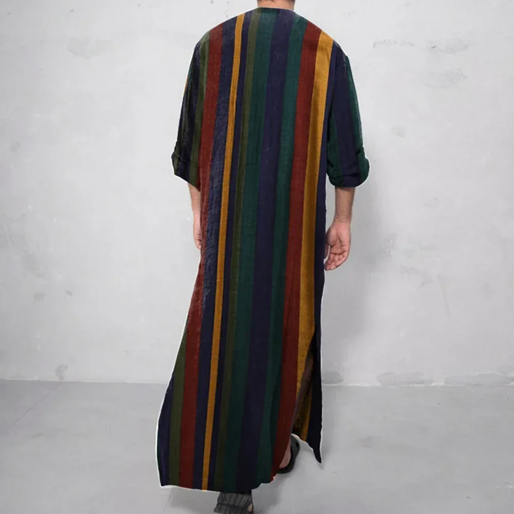 Men Long Sleeve Striped Muslim Robes Nightgown Arabian Kaftan Long Shirt Muslim Clothing Vintage Islamic Middle East Dubai Abaya