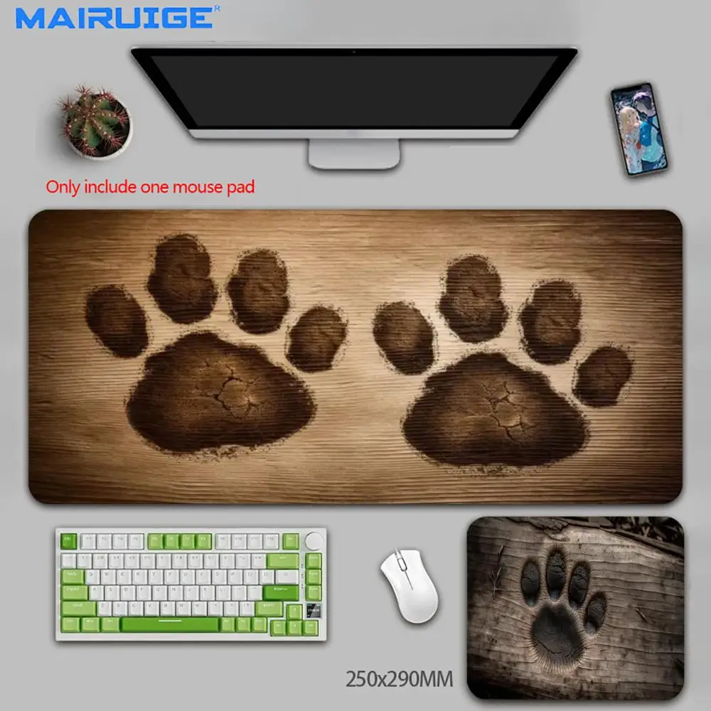 Wood Distressed Paw Print Pattern Gaming Mouse Pad, Stitched Edge Craft Natural Rubber Material Large Desk Mat